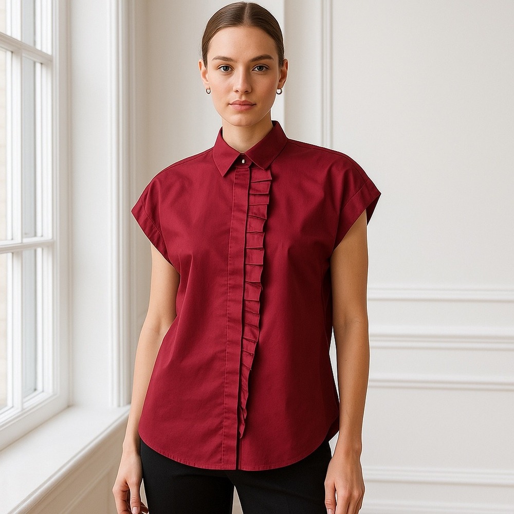 Hugo Boss Shirt Women 4 Red Cap Sleeve Ruffle Front Button Down Preppy Luxury
